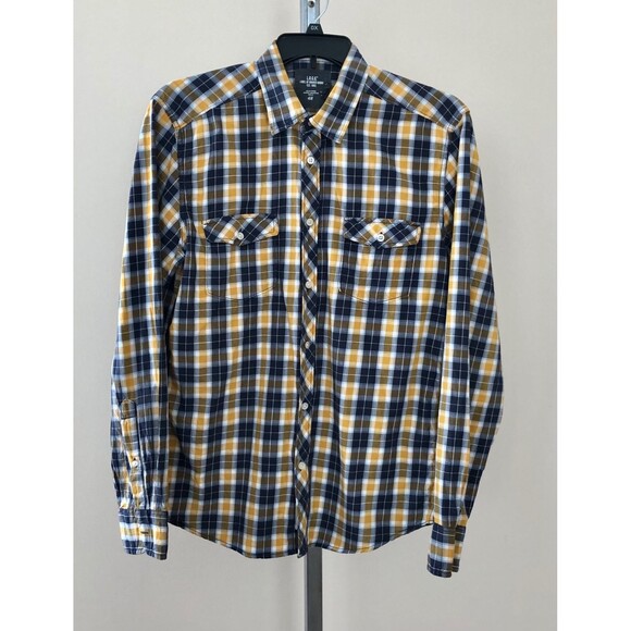 H&M T shirt men’s Size L Yellow/Blue/White Log Sleeves Collared Neck Button Down - Picture 1 of 5